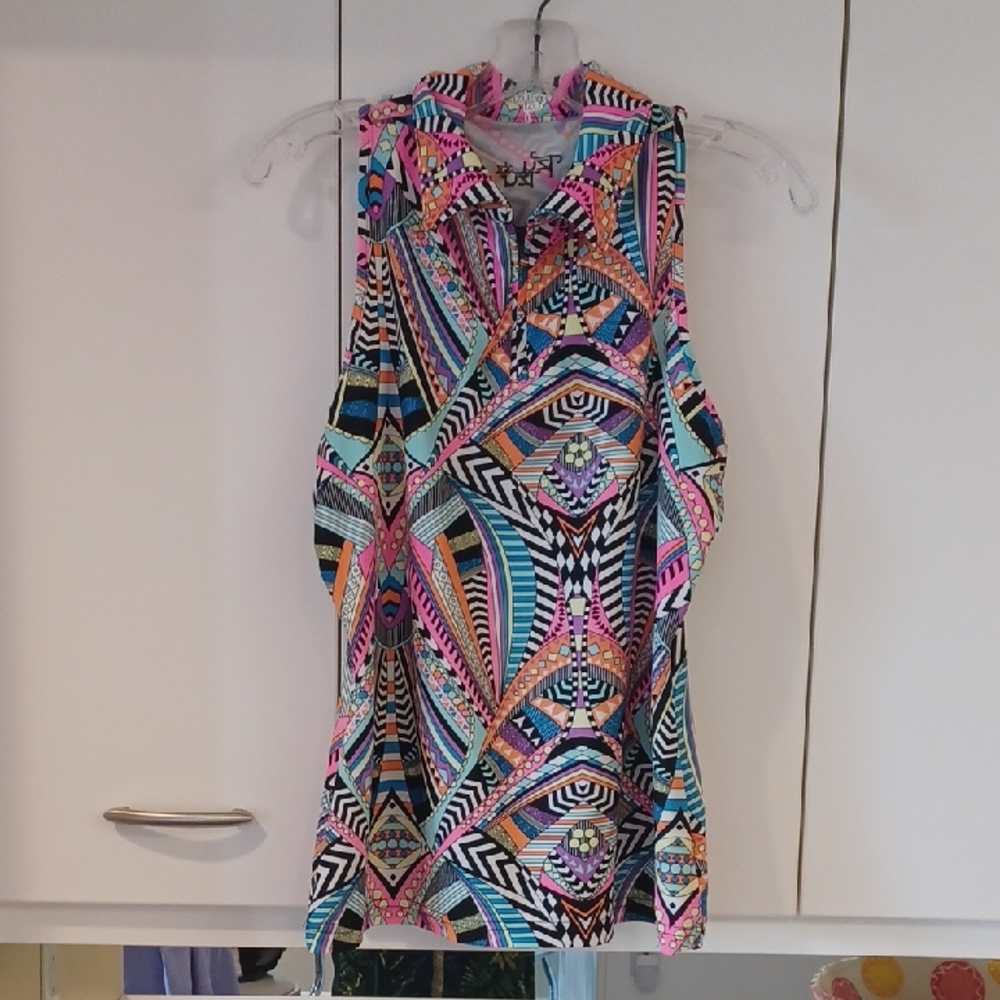 Tzu Tzu Pink and Blue Sleeveless Graphic Blouse